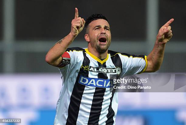 Antonio Di Natale of Udnese Calcio celebrates after scoring his teams first goal during the Serie A between Udinese Calcio and Parma FC at Stadio...