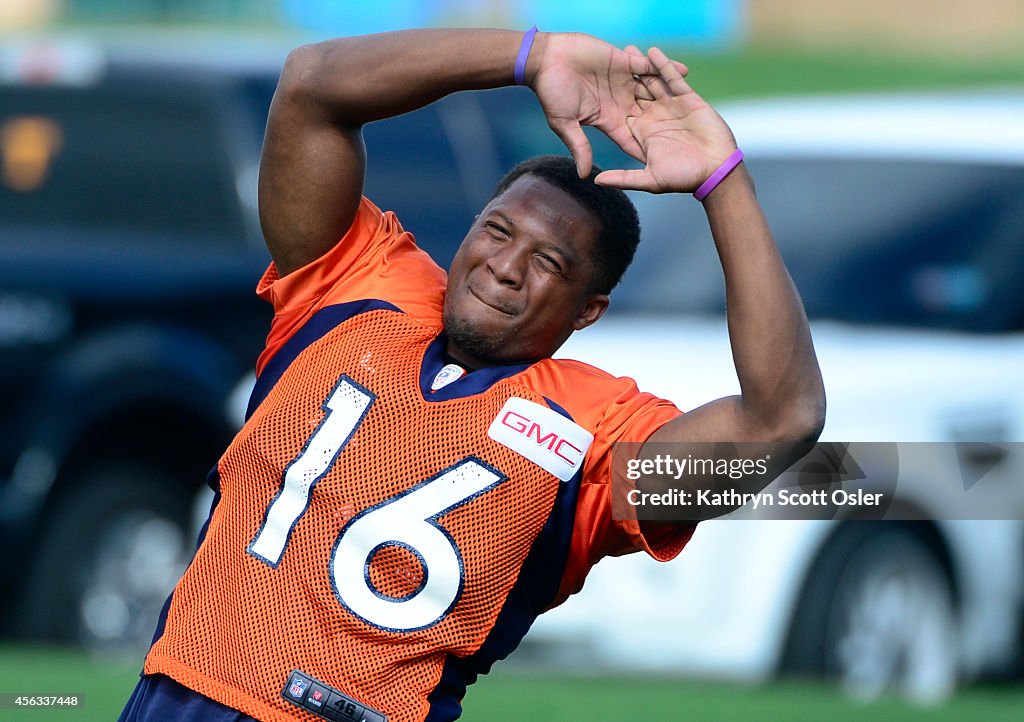 The Denver Broncos football team runs through their drills during practice at Dove Valley in Englewood, CO on Monday, Sept.  29, 2014.