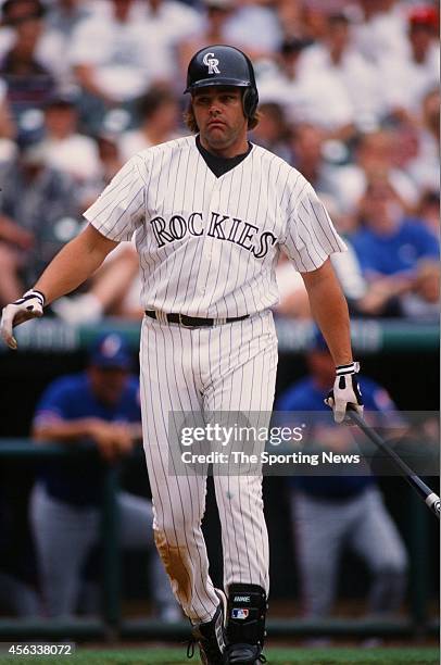 Dante Bichette of the Colorado Rockies bats against the Montreal Expos at Coors Field on August 15, 1999 in Denver, Colorado.