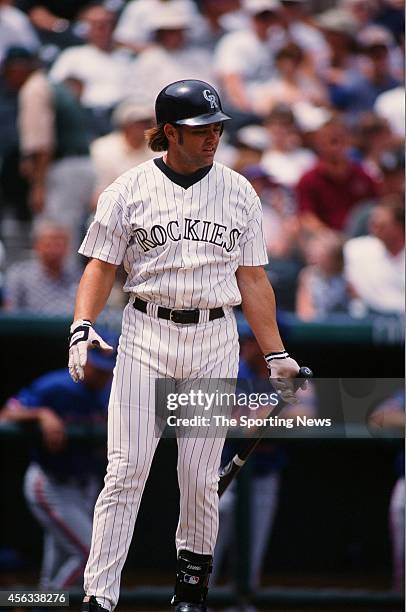 Dante Bichette of the Colorado Rockies bats against the Montreal Expos at Coors Field on August 15, 1999 in Denver, Colorado.