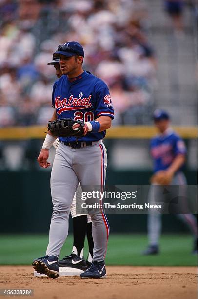 Brad Fullmer of the Montreal Expos fields against the Colorado Rockies at Coors Field on August 15, 1999 in Denver, Colorado.