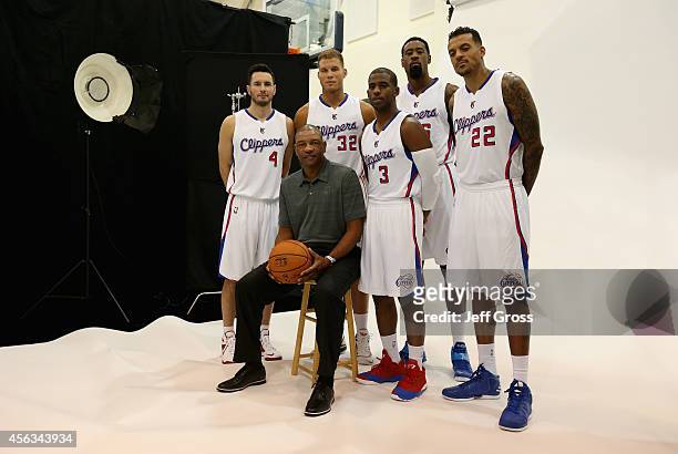 Redick, head coach Doc Rivers, Blake Griffin, Chris Paul, DeAndre Jordan and and Matt Barnes pose for a portrait during Los Angeles Clippers Media...