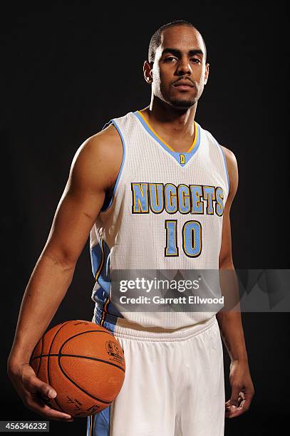 Arron Afflalo of the Denver Nuggets poses for a photo during media day on September 29, 2014 at the Pepsi Center in Denver, Colorado. NOTE TO USER:...