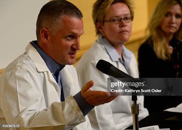 Medical experts address the media during a press conference at the Children's Hospital Colorado in Aurora, CO regarding the update on the respiratory...