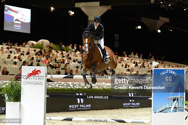 Rider Christine McCrea rides Zerly during the Longines Grand Prix class as part of the Longines Los Angeles Masters at Los Angeles Convention Center...