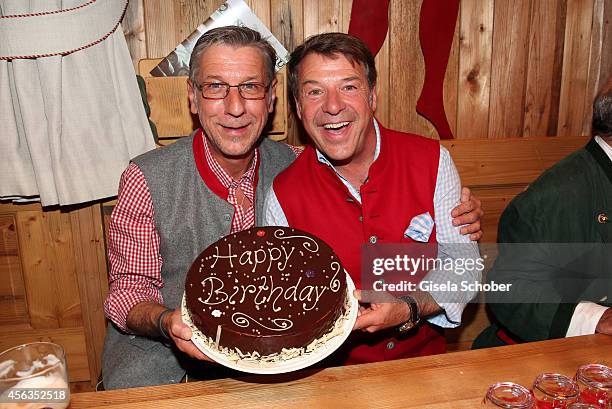 Patrick Lindner celebrates his birthday with his partner Peter Schaefer at Weinzelt /Theresienwiese on September 28, 2014 in Munich, Germany.