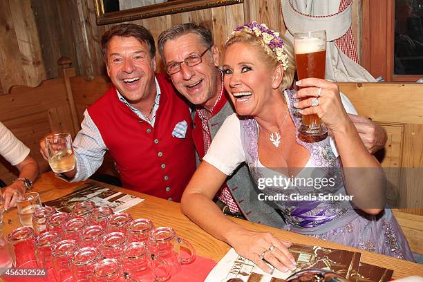 Patrick Lindner celebrates his birthday with his partner Peter Schaefer and Claudia Effenberg at Weinzelt /Theresienwiese on September 28, 2014 in...