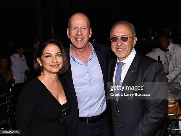 Gloria Estefan, Bruce Willis and Emilio Estefan attend the 8th Annual Exploring the Arts Gala at Cipriani 42nd Street on September 29, 2014 in New...