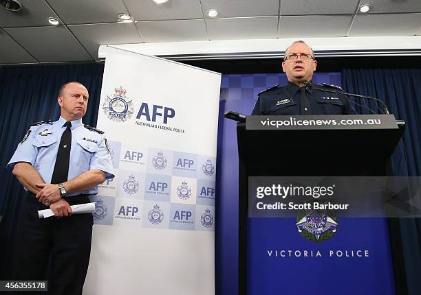 Assistant Commissioner Neil Gaughan and Victoria Police Deputy Commissioner Graham Ashton speak to the media about the terrorism raids that took...