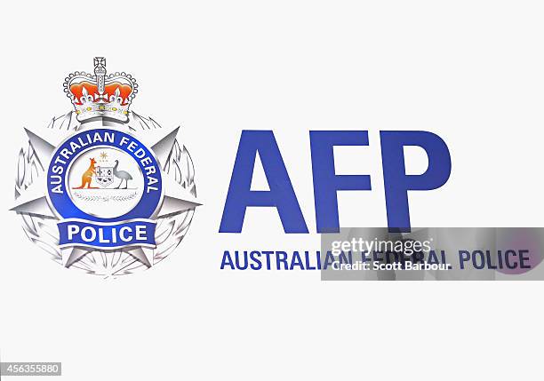 General view of the Australian Federal Police emblem during a press conference about the terrorism raids that took place in Melbourne this morning at...