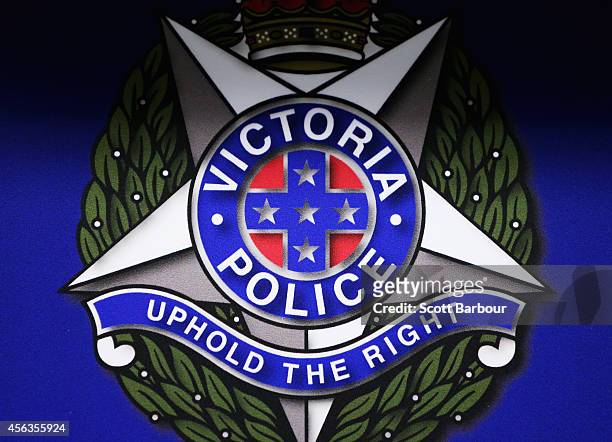 General view of the Victoria Police emblem during a press conference about the terrorism raids that took place in Melbourne this morning at Victoria...