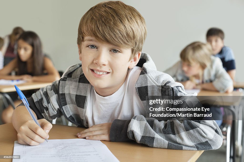 Students taking test in classroom