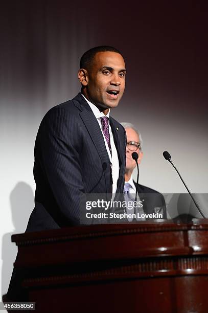 Former basketball player Grant Hill speaks onstage at the 29th Annual Great Sports Legends Dinner to benefit The Buoniconti Fund to Cure Paralysis at...