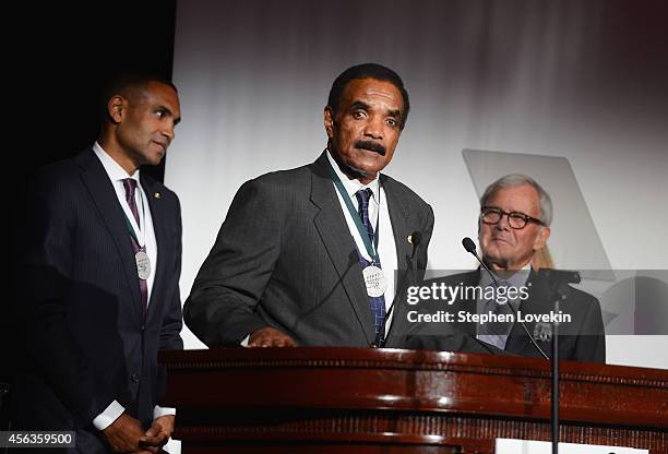 Former basketball player Grant Hill, former football player Calvin Hill, and journalist Tom Brokaw speak at the 29th Annual Great Sports Legends...