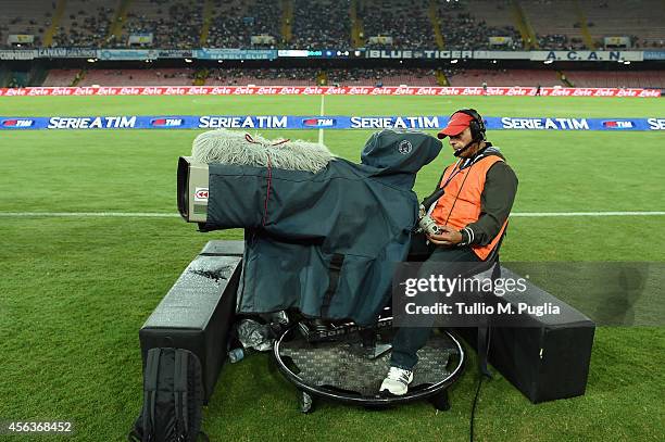 Camera films during the Serie A match between SSC Napoli and US Citta di Palermo at Stadio San Paolo on September 24, 2014 in Naples, Italy.