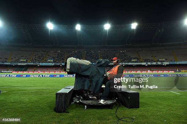 Camera films during the Serie A match between SSC Napoli and US Citta di Palermo at Stadio San Paolo on September 24, 2014 in Naples, Italy.
