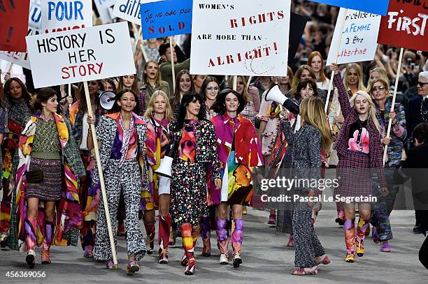 Models walk the runway during the Chanel show as part of the Paris Fashion Week Womenswear Spring/Summer 2015 on September 30, 2014 in Paris, France.