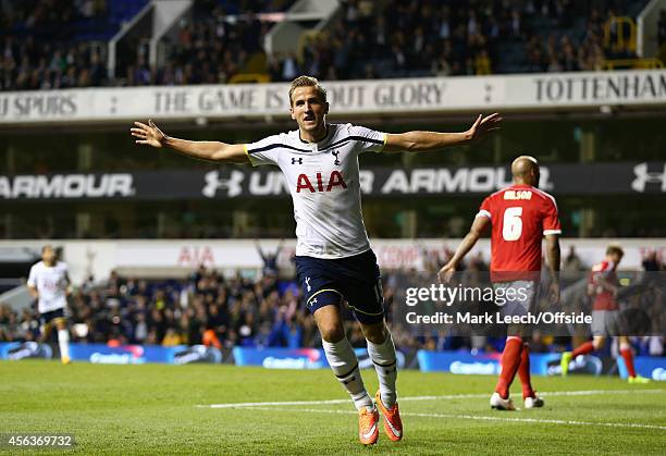 Harry Kane of Tottenham Hotspur celebrates scoring the 3rd goal during the Capital One Cup Third Round between the Tottenham Hotspur and Nottingham...