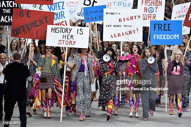 Models walk the runway during the Chanel show as part of the Paris Fashion Week Womenswear Spring/Summer 2015 on September 30, 2014 in Paris, France.