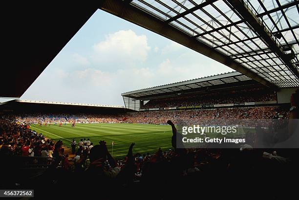 General view of Anfield, home of Liverpool FC, from the Kop end circa 1995.