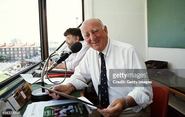 Cricket commentator Brian Johnston with scorer Bill Frindall in the commentary box at the Oval during the 5th test match between England and West...