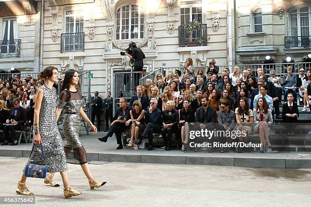 Anna Wintour, Baz Luhrmann, his wife Catherine Martin, Astrid Berges-Frisbey, guest, Xavier Dolan and Anna Mouglalis attend the Chanel show as part...