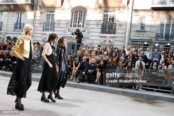 Anna Wintour, Baz Luhrmann, his wife Catherine Martin, Astrid Berges-Frisbey, guest, Xavier Dolan and Anna Mouglalis attend the Chanel show as part...