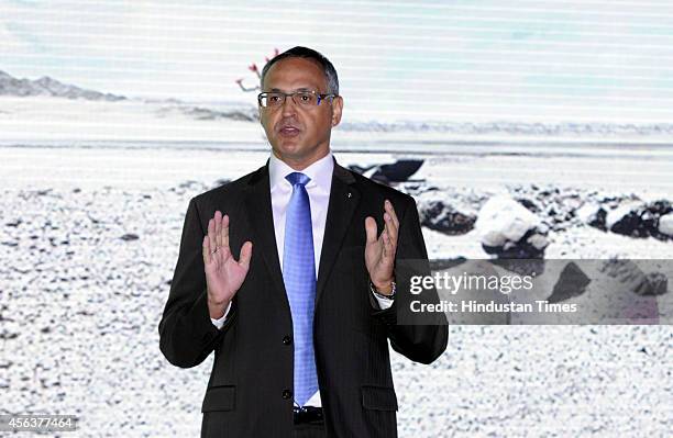 Eberhard Kern, Managing Director and CEO, Mercedes-Benz India gestures during the launch of the Mercedes-Benz GLA-Class luxury SUV car on September...