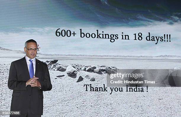 Eberhard Kern, Managing Director and CEO, Mercedes-Benz India gestures during the launch of the Mercedes-Benz GLA-Class luxury SUV car on September...