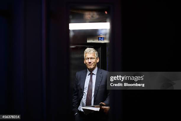 Frans van Houten, chief executive officer of Royal Philips NV, arrives in an elevator to deliver a keynote speech during the company's innovation day...