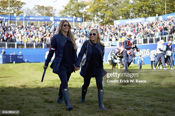 Jillian Stacey, girlfriend of Team USA Keegan Bradley, and Amy Mickelson, wife of Phil Mickelson, during Friday Foursomes Matches on PGA Centenary...