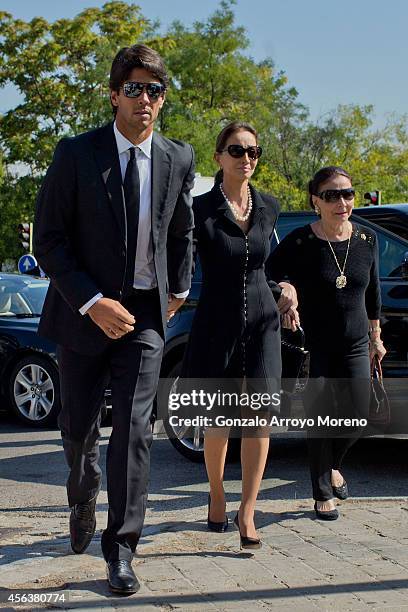 Miguel Boyer's wife Isabel Preysler arrives at Ermita de San Isidro Cemetery with her son in law Fernado Verdasco and her mother Beatriz Arrastia on...