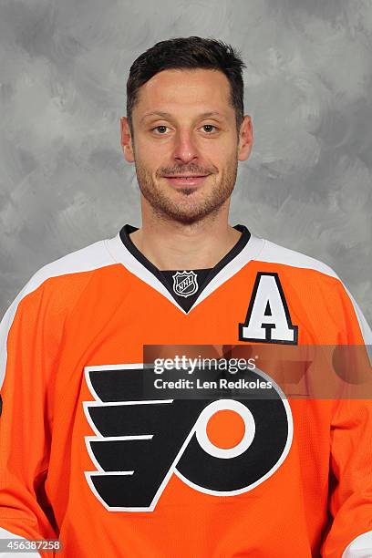 Mark Streit of the Philadelphia Flyers poses for his official headshot for the 2014-2015 season on September 18, 2014 at the Virtua Flyers Skate Zone...