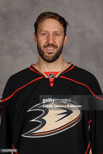 Jason LaBarbera of the Anaheim Ducks poses for his official headshot for the 2014-2015 season on September 18, 2014 at the Honda Center in Anaheim,...