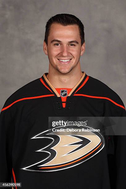 Nicolas Kerdiles of the Anaheim Ducks poses for his official headshot for the 2014-2015 season on September 18, 2014 at the Honda Center in Anaheim,...