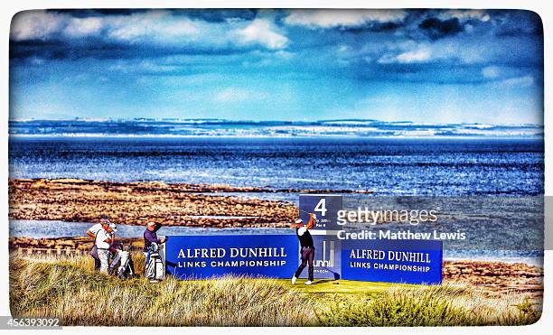 Darren Clarke of Northern Ireland plays off the fourth tee during the practice round prior to the 2014 Alfred Dunhill Links Championship at the...
