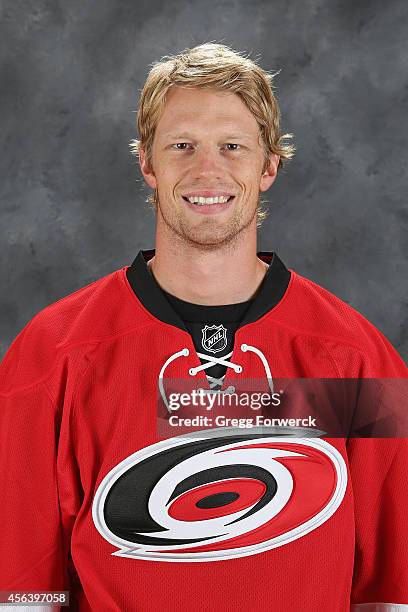 Eric Staal of the Carolina Hurricanes poses for his official headshot for the 2014-2015 season at Carolina Family Practice on September 18, 2014 in...