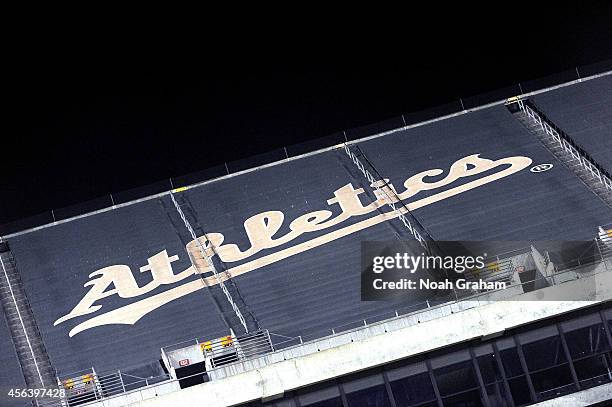 General view of the Athetics logo durring the game between the Oakland Athletics and the Houston Astros at O.co Coliseum on September 5, 2014 in...