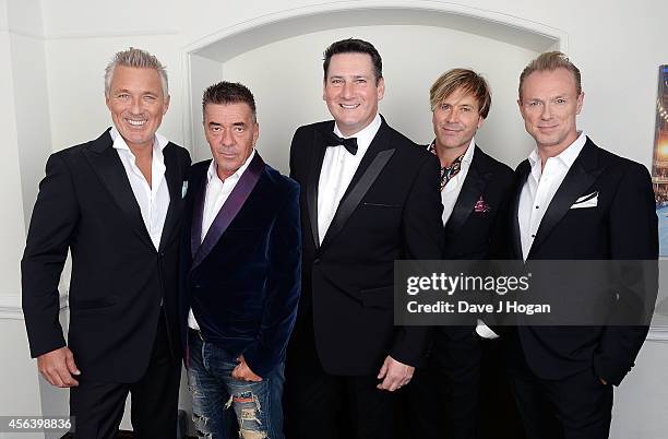 Martin Kemp, John Keeble, Tony Hadley, Steve Norman and Gary Kemp backstage before the World Premiere of "Soul Boys Of The Western World" at Royal...