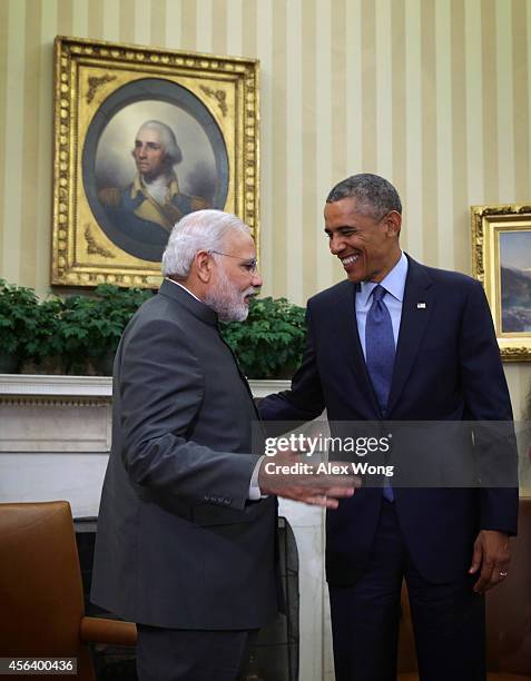 President Barack Obama meets with Indian Prime Minister Narendra Modi in the Oval Office of the White House September 30, 2014 in Washington, DC. The...
