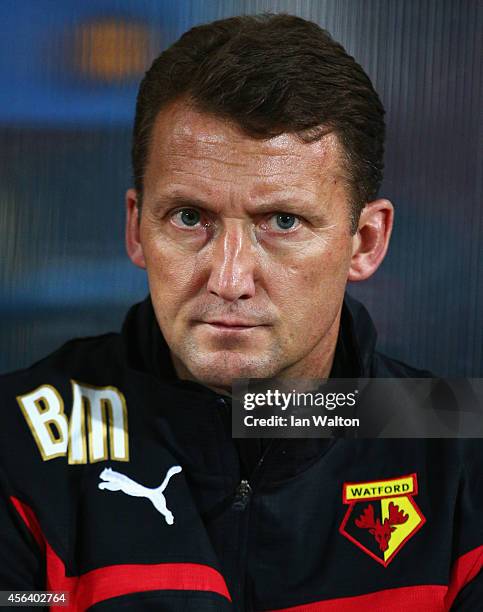 New Billy McKinlay manager of Watford looks on prior to the Sky Bet Championship match between Watford and Brentford at Vicarage Road on September...