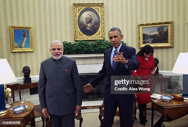 President Barack Obama meets with Indian Prime Minister Narendra Modi in the Oval Office of the White House September 30, 2014 in Washington, DC. The...