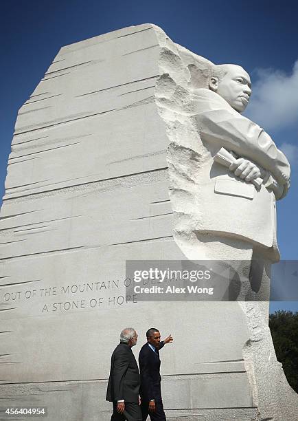 President Barack Obama visits the Martin Luther King Memorial with Indian Prime Minister Narendra Modi after an Oval Office meeting at the White...
