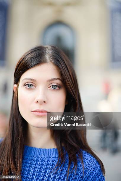 Model Larissa Hofmann poses wearing an Acne jumper on September 30, 2014 in Paris, France.