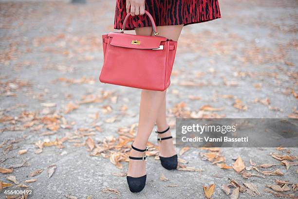 Katia Chernilcova poses wearing a Valentino dress and shoes and Hermes bag on September 30, 2014 in Paris, France.