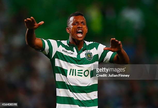 Nani of Sporting Lisbon appeals during the UEFA Champions League Group G match between Sporting Clube de Portugal and Chelsea FC at Estadio Jose...
