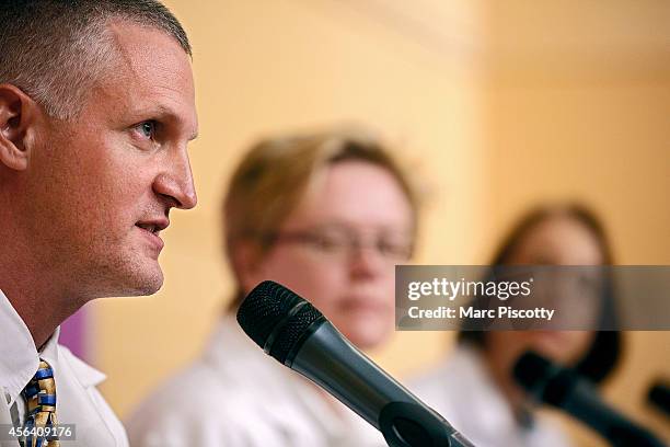 Children's Hospital Colorado expert Samuel Dominguez, MD, PhD, microbial epidemiologist speaks during a press conference at the hospital September 30...