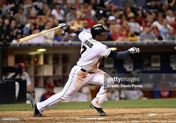 Rymer Liriano of the San Diego Padres plays during a baseball game against the Philadelphia Phillies at Petco Park September 16, 2014 in San Diego,...