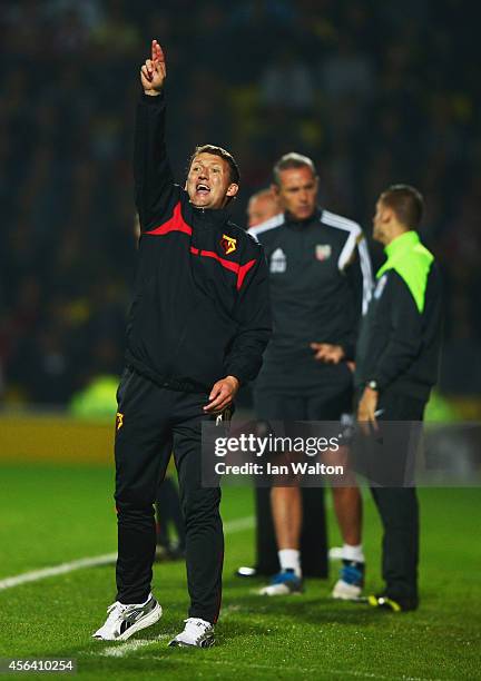 New Billy McKinlay manager of Watford gives instructions during the Sky Bet Championship match between Watford and Brentford at Vicarage Road on...