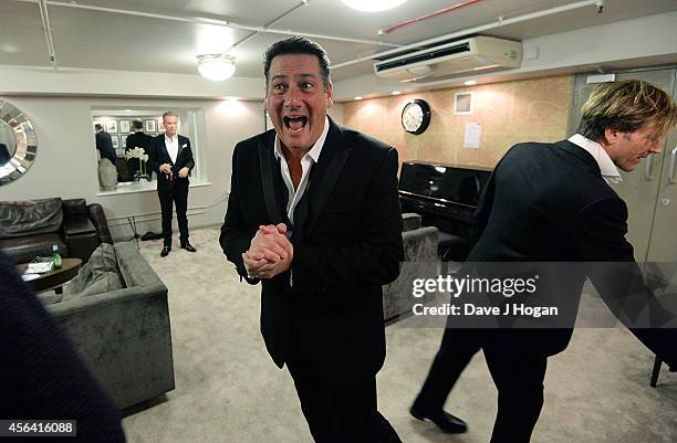Tony Hadley and Steve Norman backstage after the World Premiere of "Soul Boys Of The Western World" at Royal Albert Hall on September 30, 2014 in...